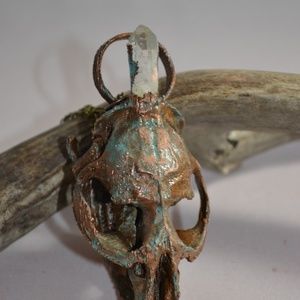 TVD Copper Patina Muskrat Skull & Quartz Necklace